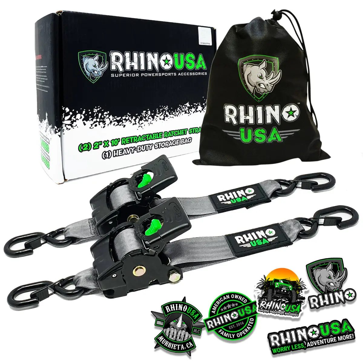 Rhino Usa Retractable Ratchet Straps (2Pk 2Inx10ft) Gray 1