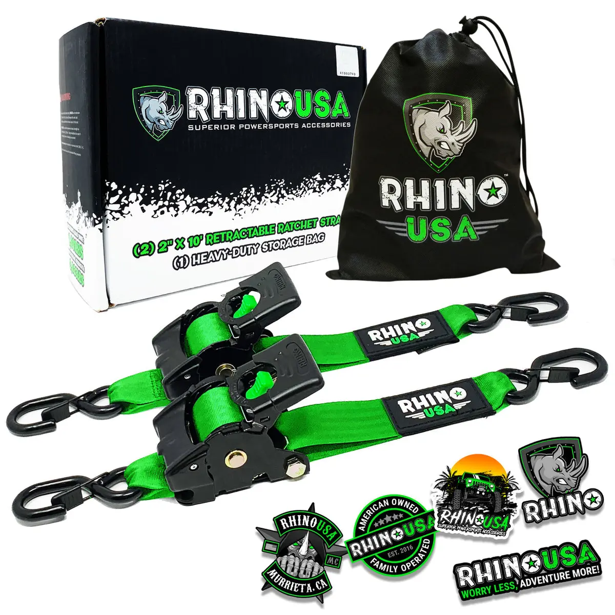 Rhino Usa Retractable Ratchet Straps (2Pk 2Inx10ft) (Green) 1