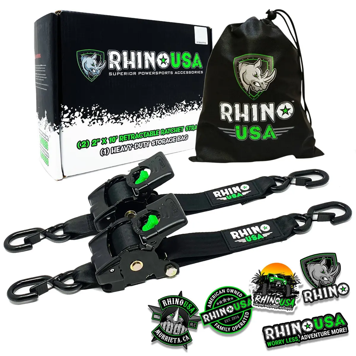 Rhino Usa Retractable Ratchet Straps (2Pk 2Inx10ft) (Black) 1