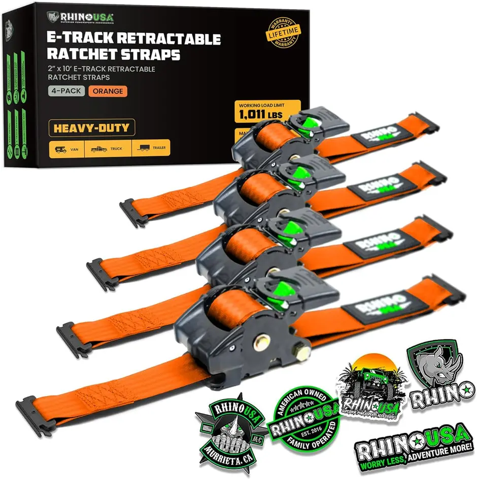 Rhino Usa Retractable E-Track Ratchet Straps (4 Pack, 2Inx10ft) (Orange) 1