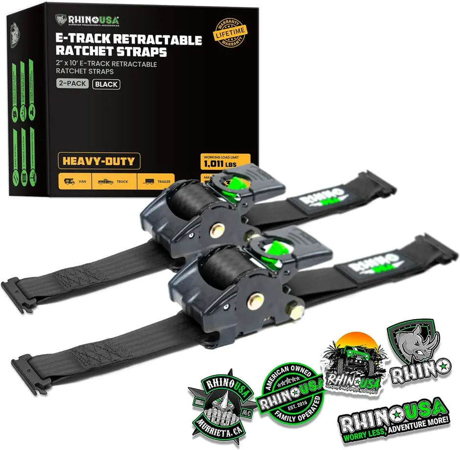 Rhino Usa Retractable E-Track Ratchet Straps (2 Pack, 2Inx10ft) (Black) 1