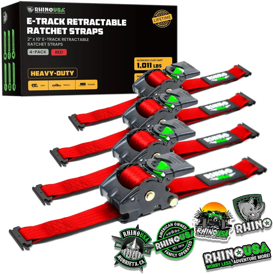 Rhino Usa Retractable E-Track Ratchet Straps (4 Pack, 2Inx10ft) (Red) 1