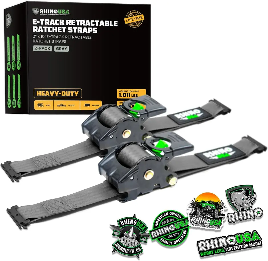 Rhino Usa Retractable E-Track Ratchet Straps (2 Pack, 2Inx10ft) (Gray) 1