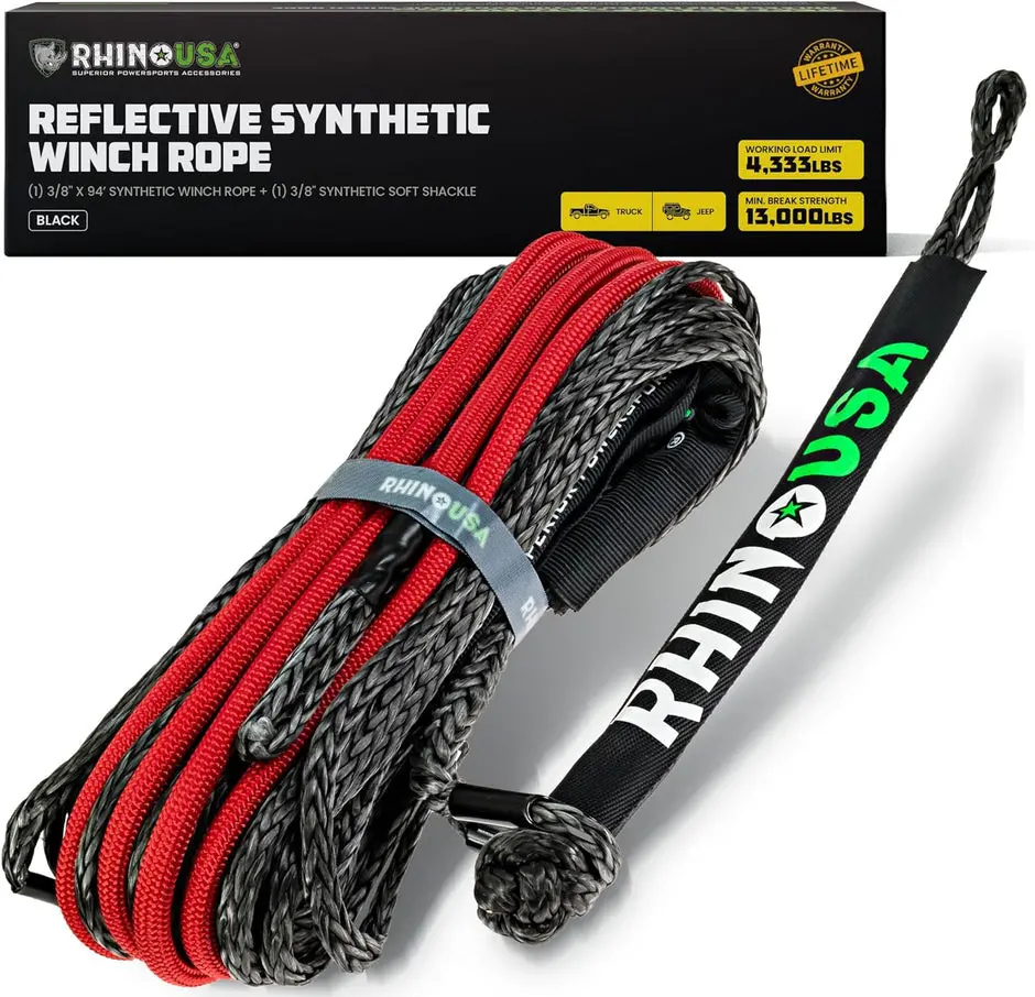 Rhino Usa Reflective Synthetic Winch Rope 3/8" X 94' - Black 1