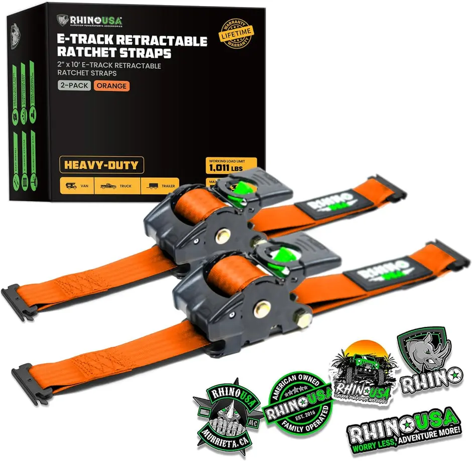 Rhino Usa Retractable E-Track Ratchet Straps (2 Pack, 2Inx10ft) (Orange) 1