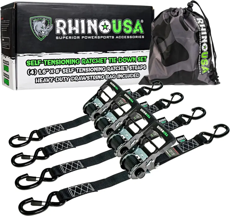 Rhino Usa Self-Tensioning Ratchet Straps (4Pk 1.6Inx8ft) (Black) 1