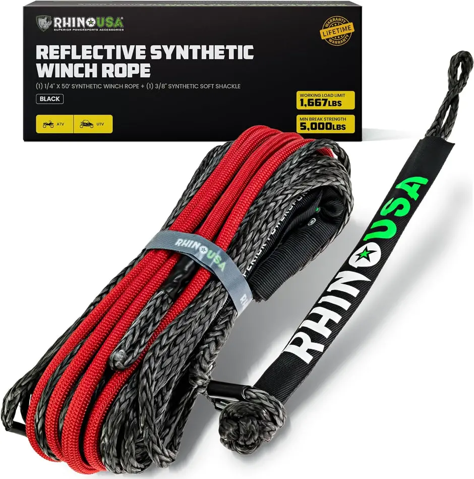 Rhino Usa Reflective Synthetic Winch Rope 1/4" X 50' - Black 1