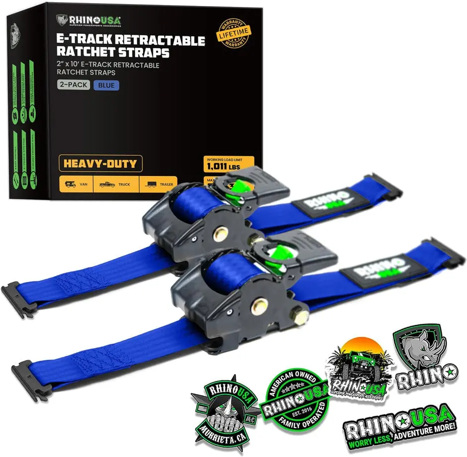 Rhino Usa Retractable E-Track Ratchet Straps (2 Pack, 2Inx10ft) (Blue) 1