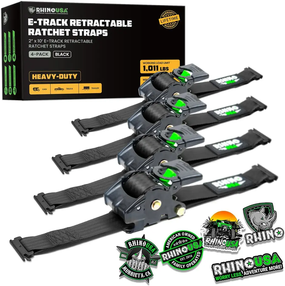 Rhino Usa Retractable E-Track Ratchet Straps (4 Pack, 2Inx10ft) (Black) 1