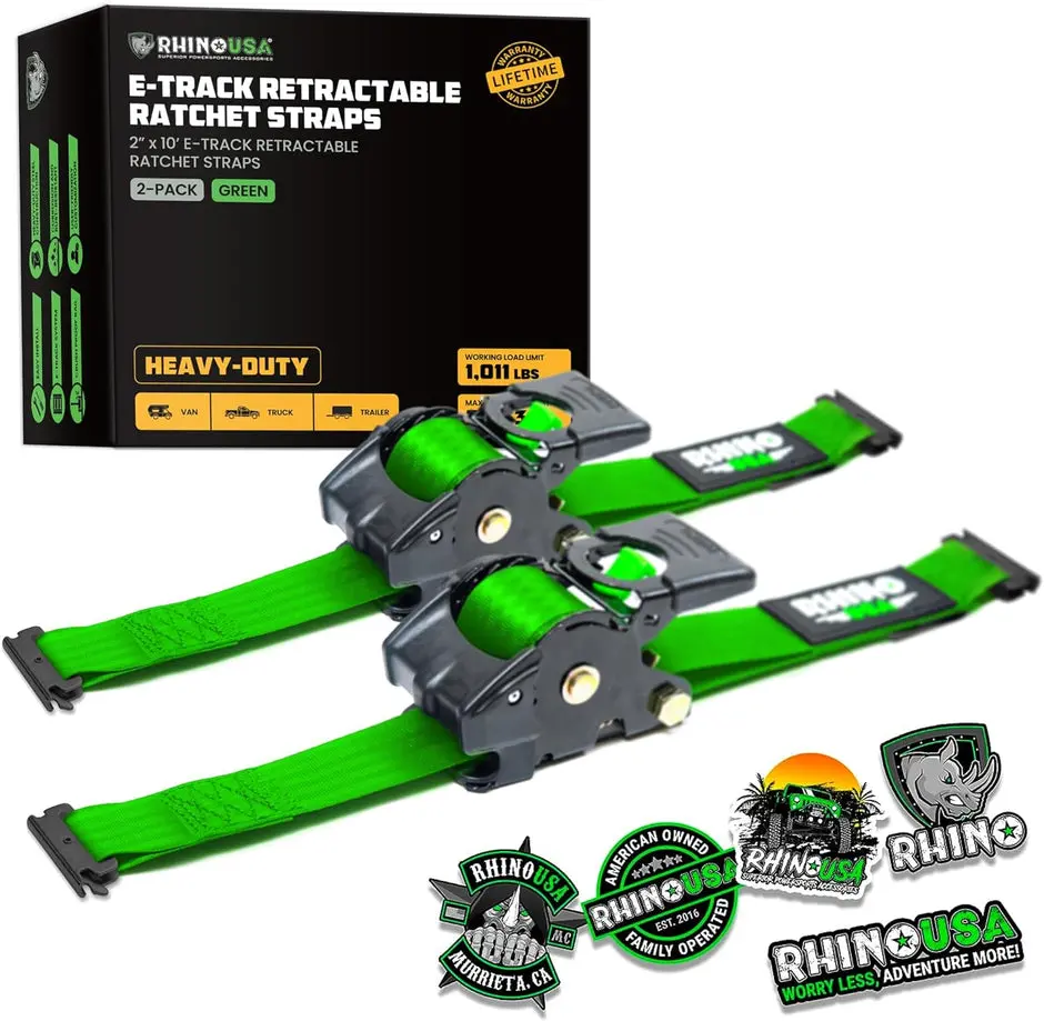 Rhino Usa Retractable E-Track Ratchet Straps (2 Pack, 2Inx10ft) (Green) 1