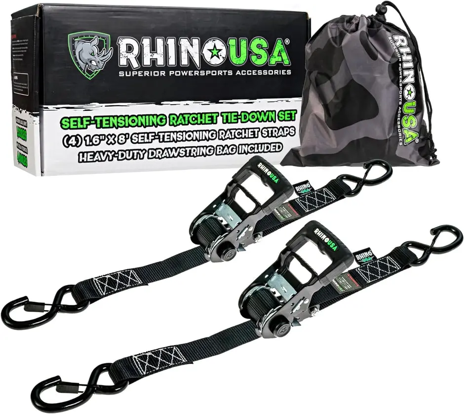 Rhino Usa Self-Tensioning Ratchet Straps (2Pk 1.6Inx8ft) (Black) 1