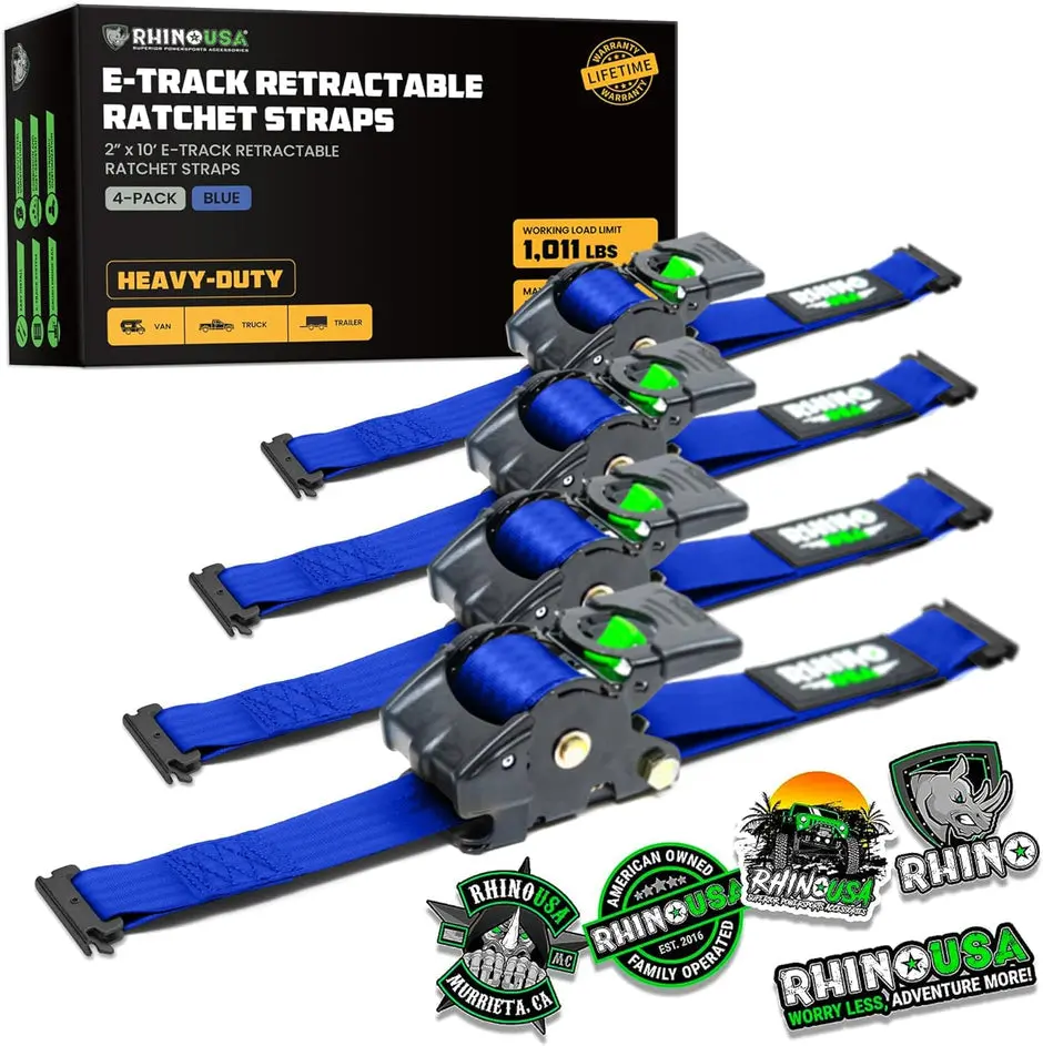 Rhino Usa Retractable E-Track Ratchet Straps (4 Pack, 2Inx10ft) (Blue) 1