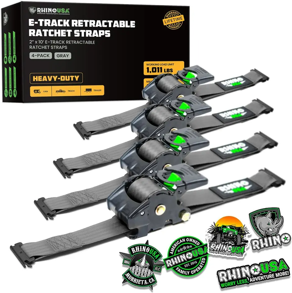Rhino Usa Retractable E-Track Ratchet Straps (4 Pack, 2Inx10ft) (Gray) 1