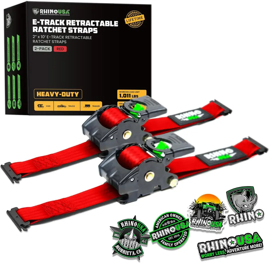 Rhino Usa Retractable E-Track Ratchet Straps (2 Pack, 2Inx10ft) (Red) 1