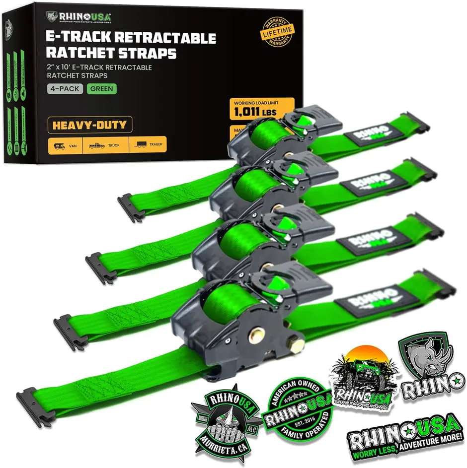 Rhino Usa Retractable E-Track Ratchet Straps (4 Pack, 2Inx10ft) (Green) 1