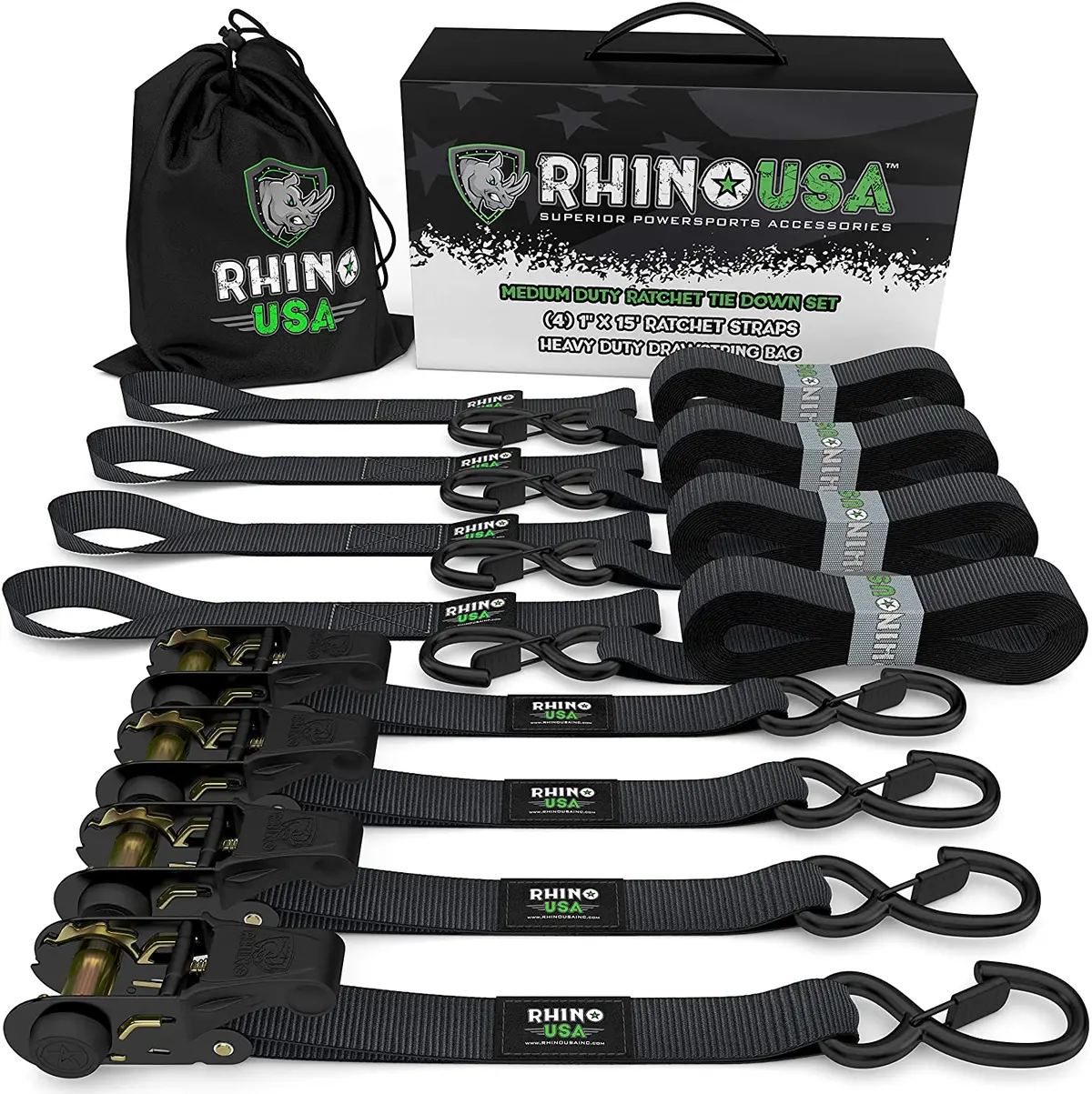 Rhino Usa Medium Duty Ratchet Strap Tie-Down 4-Pack (Black) 1