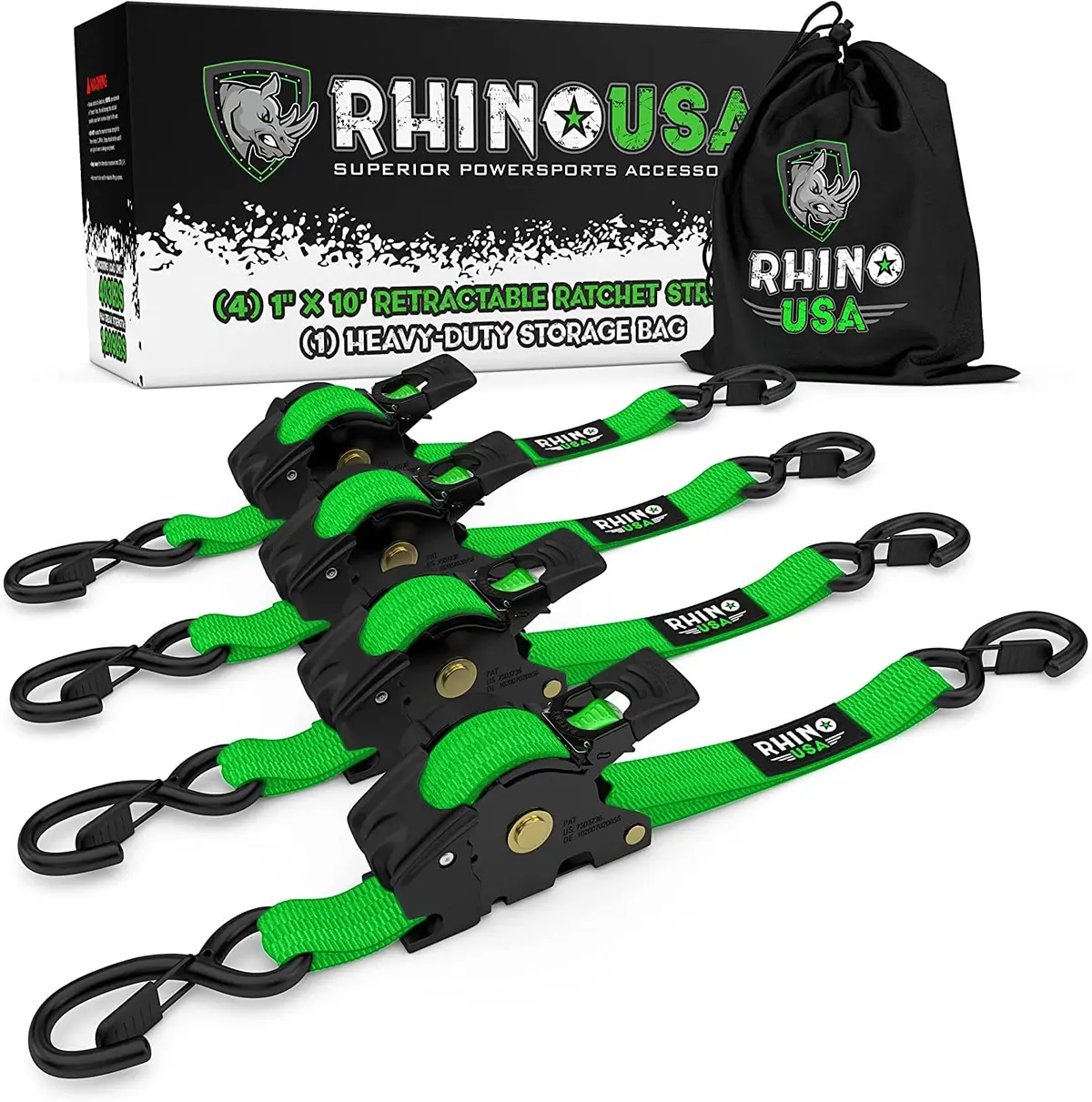 Rhino Usa Retractable Ratchet Straps (4Pk 1Inx10ft) (Green) 1