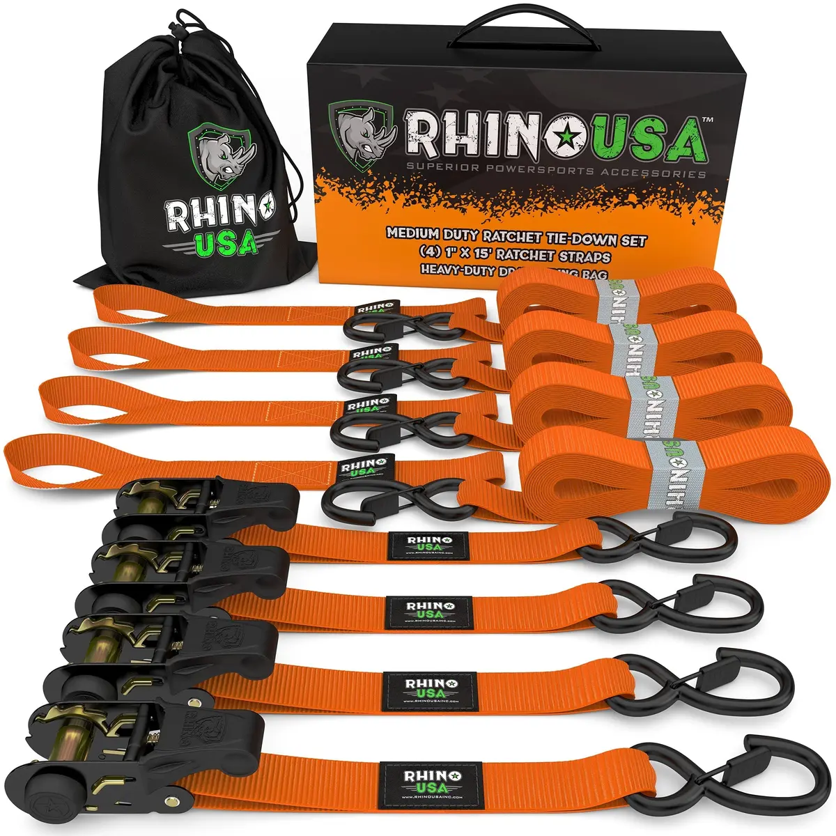Rhino Usa Medium Duty Ratchet Strap Tie-Down 4-Pack (Orange) 1