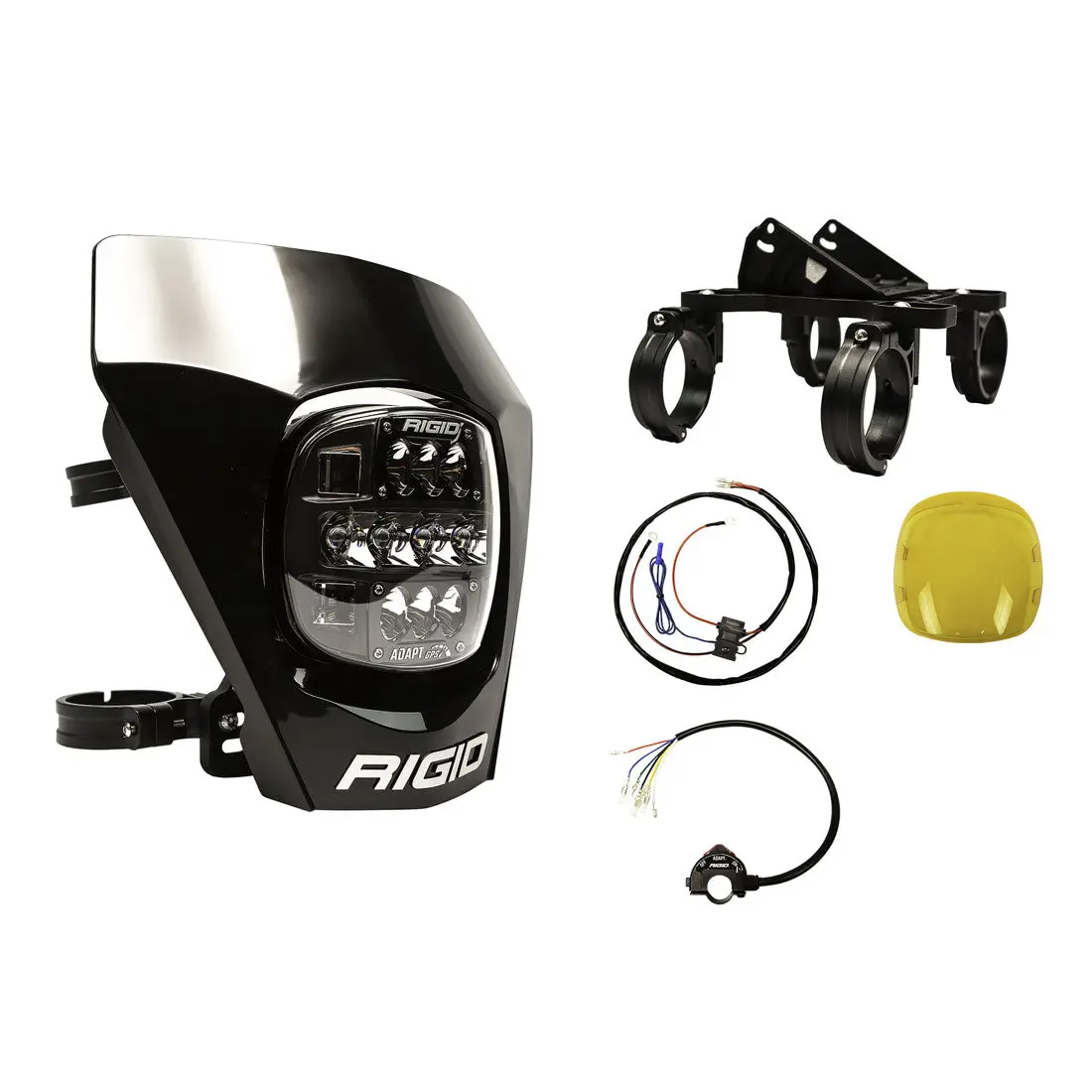 Rigid Adapt Xe Extreme Enduro Ready To Ride Moto Kit, Includes Led Light With 3 Lighting Zones And Gps Module, Amber Light Cover, Black Number Plate, Wire Harness, 3 Position Kill Switch, And Mounting Kit 1