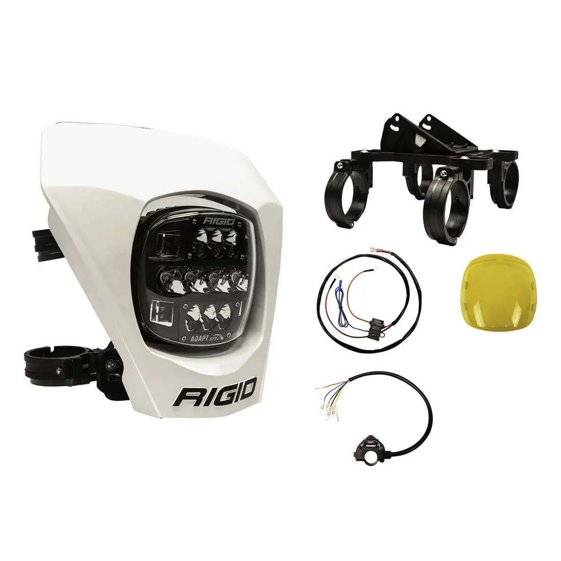 Rigid Adapt Xe Extreme Enduro Ready To Ride Moto Kit, Includes Led Light With 3 Lighting Zones And Gps Module, Amber Light Cover, White Number Plate, Wire Harness, 3 Position Kill Switch, And Mounting Kit 1