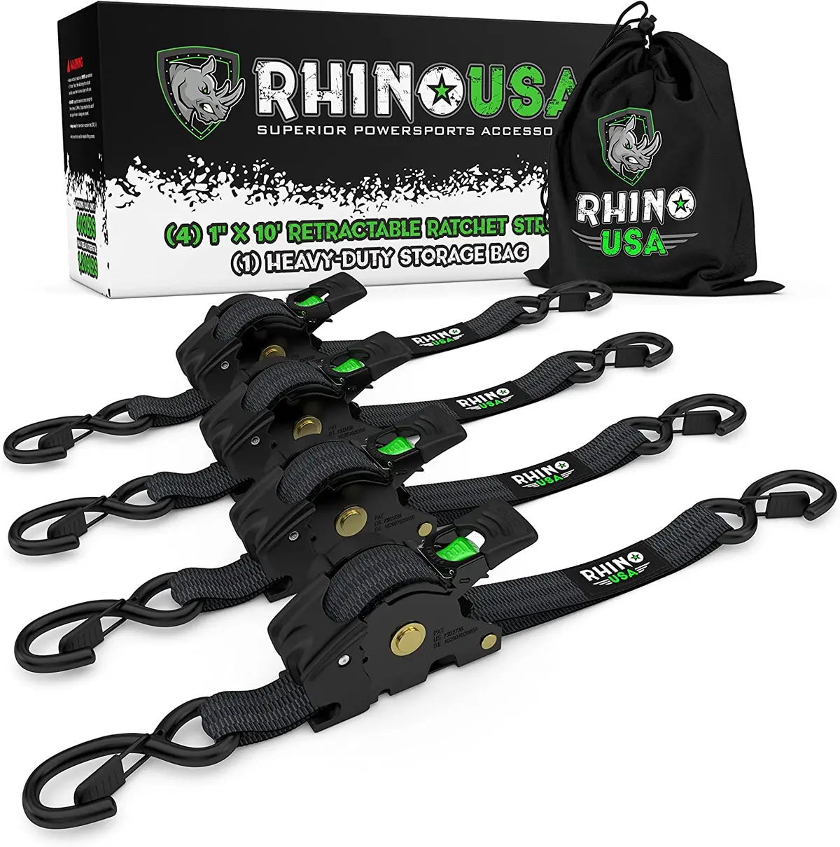 Rhino Usa Retractable-1X10-4Pk Rhino Usa Retractable Ratchet Straps (4Pk 1Inx10ft) (Black) 1