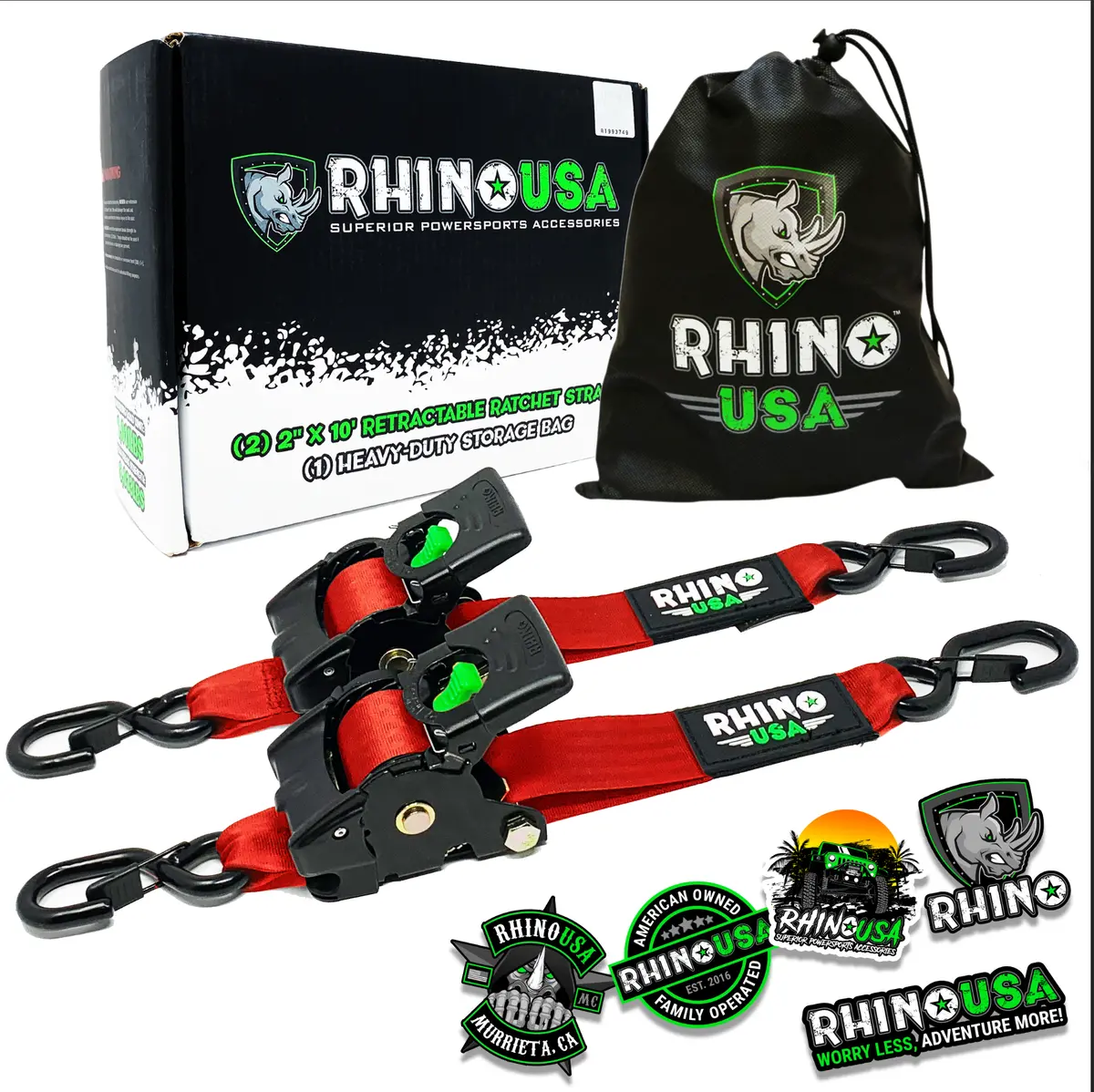 Rhino Usa Retractable Ratchet Straps (2Pk 2Inx10ft) (Red) 1