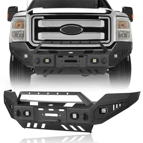 Aftermarket Full-Width Front Bumper W/ Winch Plate & Led Spotlights For 2011-2016 Ford F-250 - Hooke Road 1
