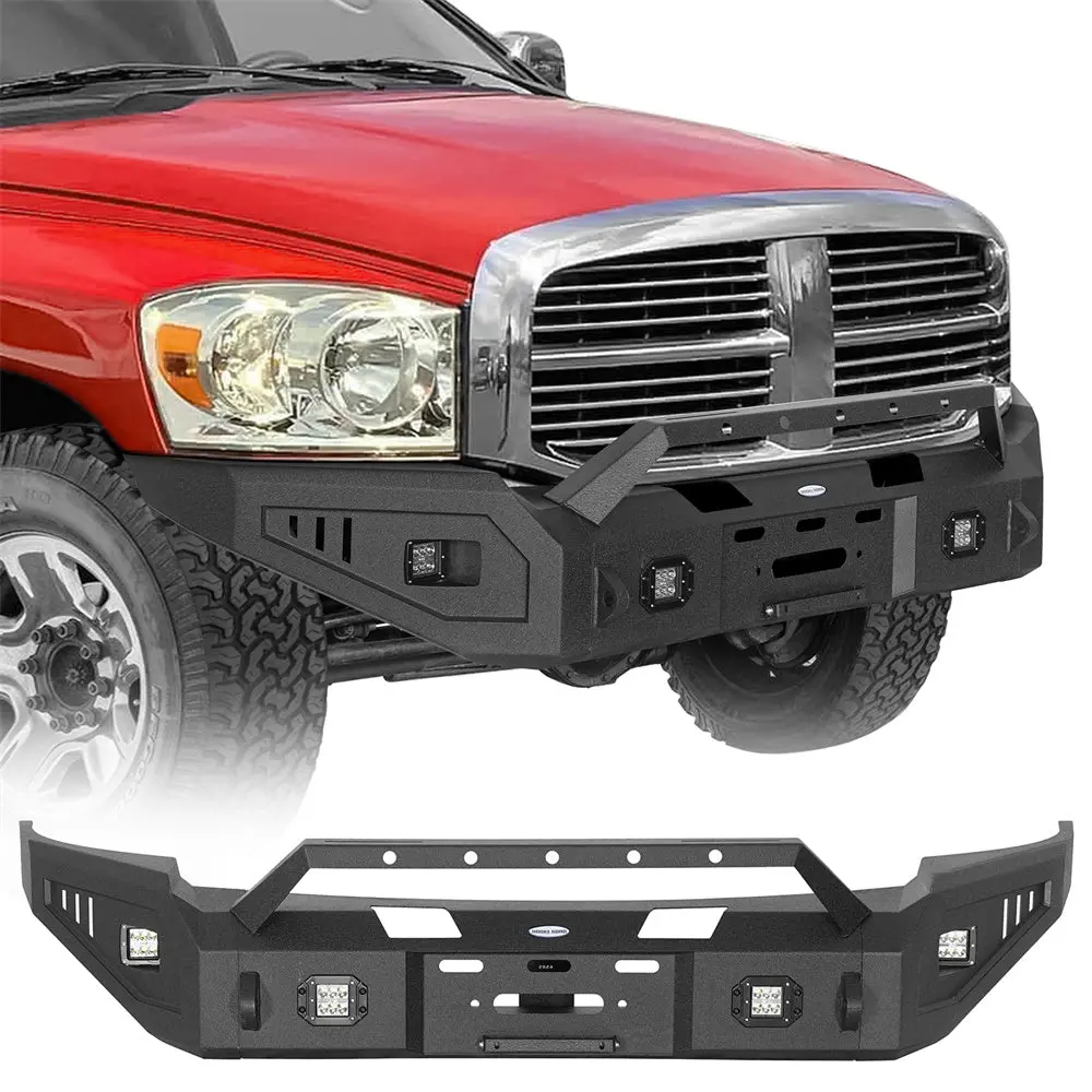 Aftermarket Full-Width Front Bumper W/ Winch Plate & Led Spotlights For 2006-2008 Ram 1500 - Hooke Road 1