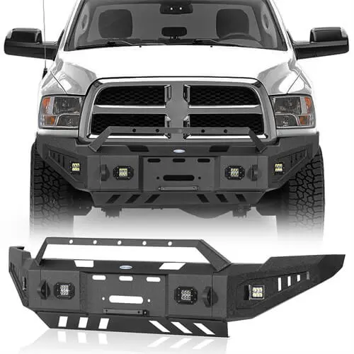 Aftermarket Full-Width Front Bumper W/ Winch Plate & Led Spotlights For 2010-2018 Ram 2500 3500 - Hooke Road 1