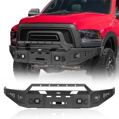 Aftermarket Full Width Front Bumper W/ Winch Plate & Led Spotlights For 2015-2018 Ram 1500 Rebel - Hookeroad 1
