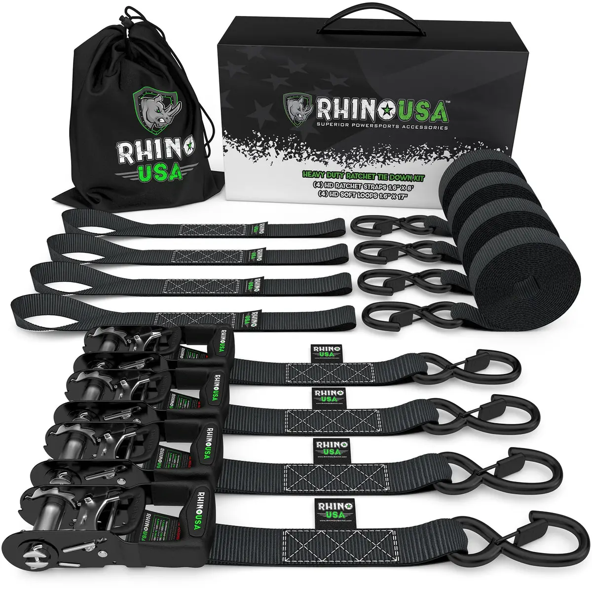 1.6" X 15' Rhino Usa Heavy Duty Ratchet Tie-Down 4-Pack Black 1
