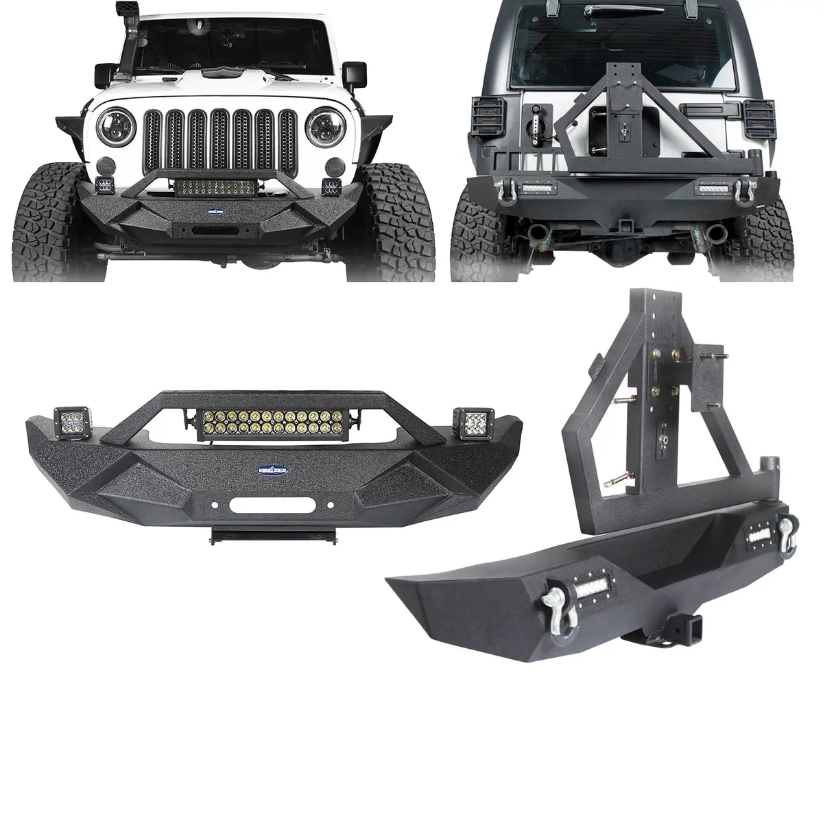 Hooke Road Blade Stubby Front Bumper W/ 60W Work Light Bar & Different Trail Rear Bumper W/Tire Carrier Combo(07-18 Jeep Wrangler Jk Jku) 1