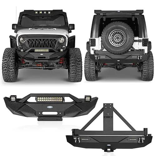 Hooke Road Blade Stubby Front Bumper W/ 60W Work Light Bar & Different Trail Rear Bumper W/Tire Carrier Combo(07-18 Jeep Wrangler Jk Jku) 1