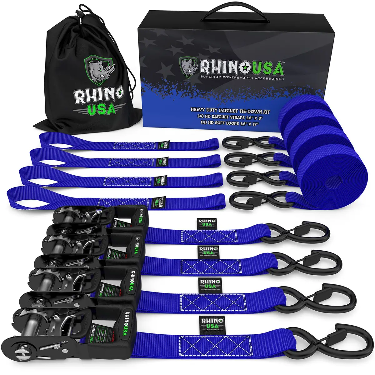 1.6" X 8' Rhino Usa Heavy Duty Ratchet Tie-Down 4-Pack (Blue) 1