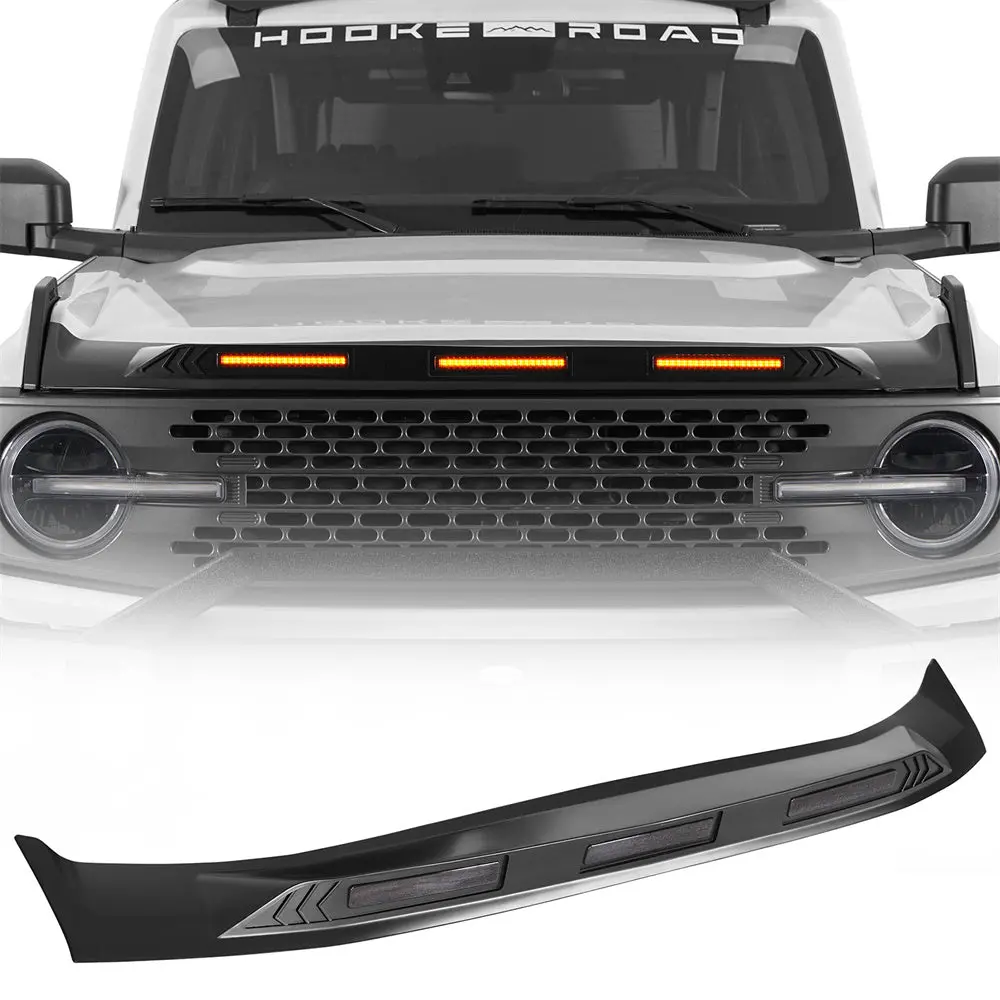 2021-2025 Ford Bronco Hood Protector Stone Guard W/ Amber Lights - Hooke Road 1