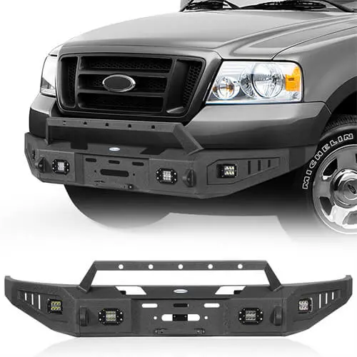 2004-2008 Ford F-150 Aftermarket Full Width Front Bumper W/ Winch Plate & 4 Led Spotlights - Hooke Road 1