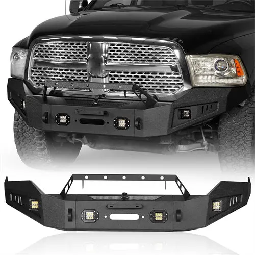 Hooke Road Full Width Front Bumper W/ Winch Plate &  Led Spotlights(13-18 Dodge Ram 1500, Excluding Rebel) 1