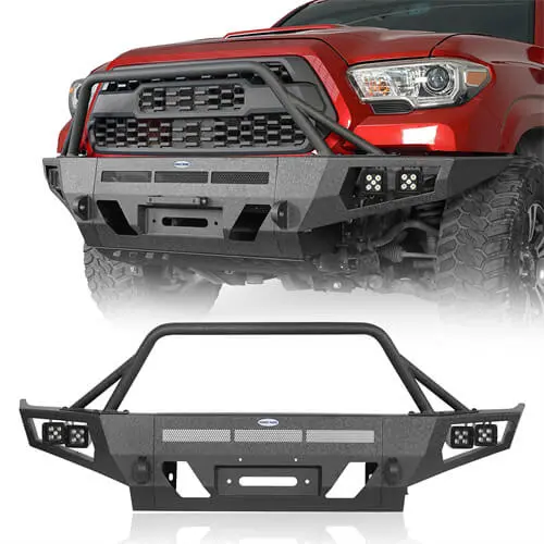 Full Width Front Bumper W/ Winch Plate & Led Spot Lights For 2016-2023 Toyota Tacoma - Hooke Road 1