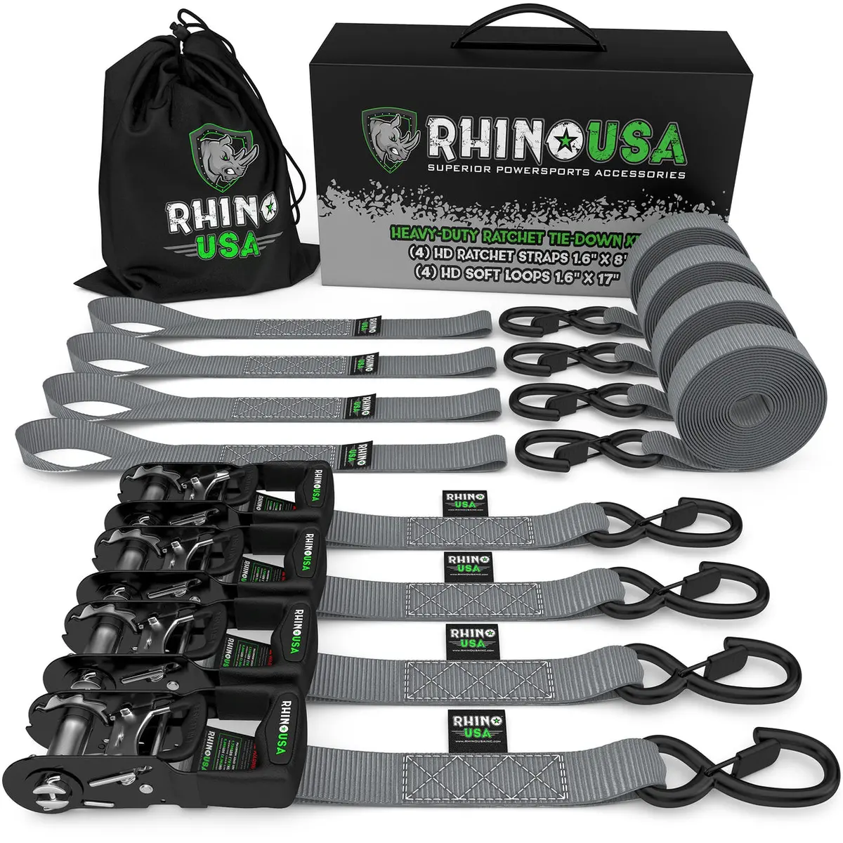 1.6" X 8' Rhino Usa Heavy Duty Ratchet Tie-Down 4-Pack (Gray) 1