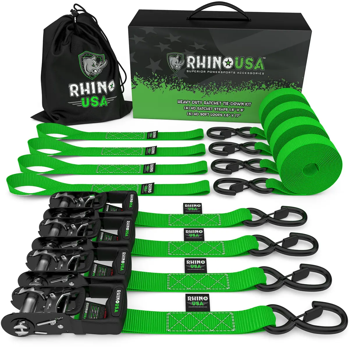 1.6" X 8' Rhino Usa Heavy Duty Ratchet Tie-Down 4-Pack (Green) 1