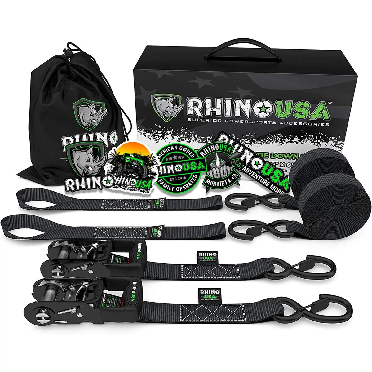 1.6" X 8' Rhino Usa Heavy Duty Ratchet Tie-Downs 2-Pack (Black) 1