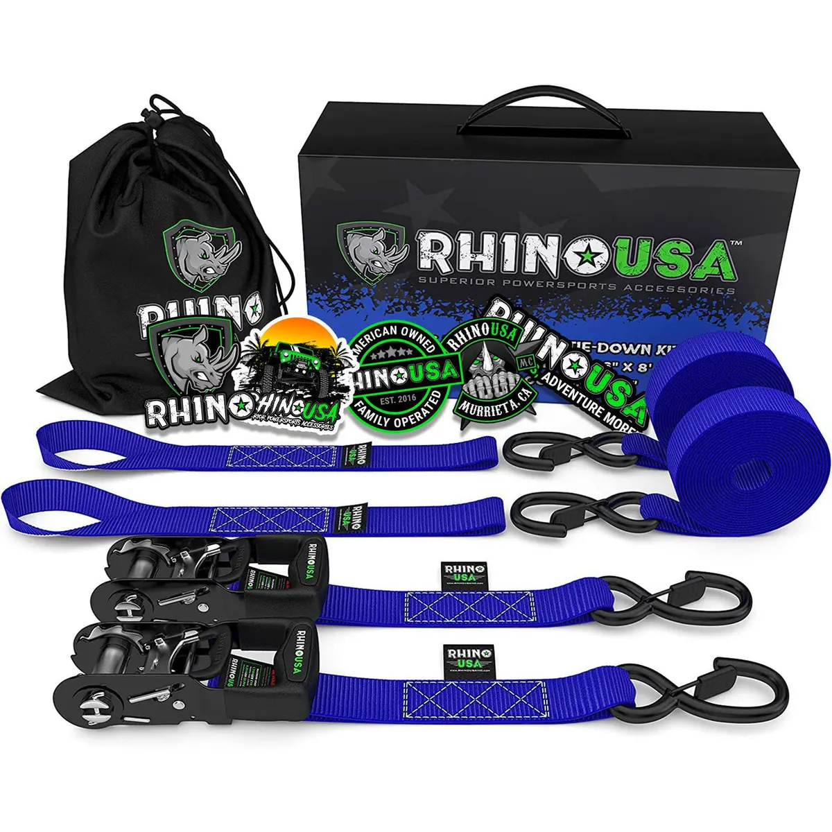 1.6" X 8' Rhino Usa Heavy Duty Ratchet Tie-Downs 2-Pack (Blue) 1