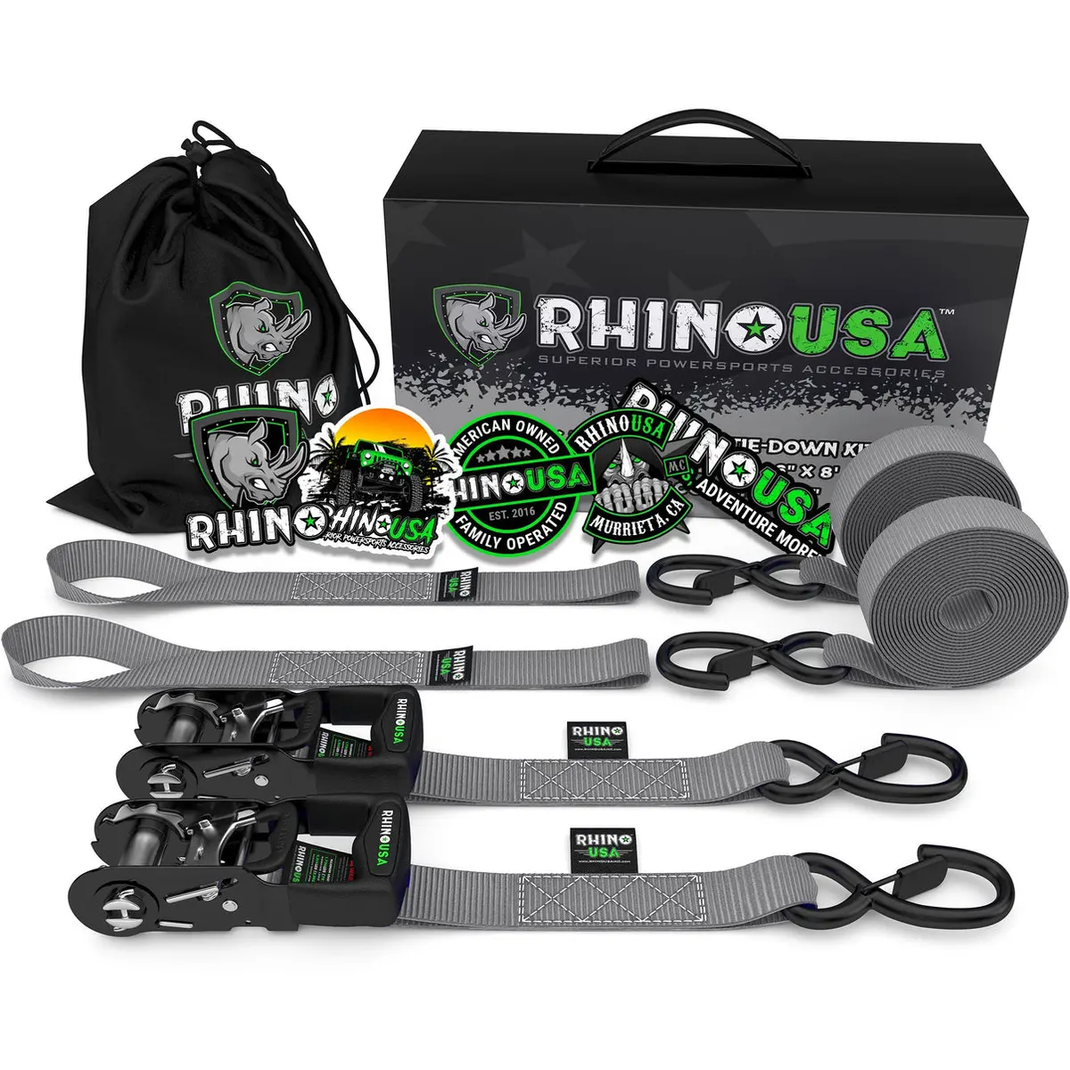 1.6" X 8' Rhino Usa Heavy Duty Ratchet Tie-Downs 2-Pack (Gray) 1