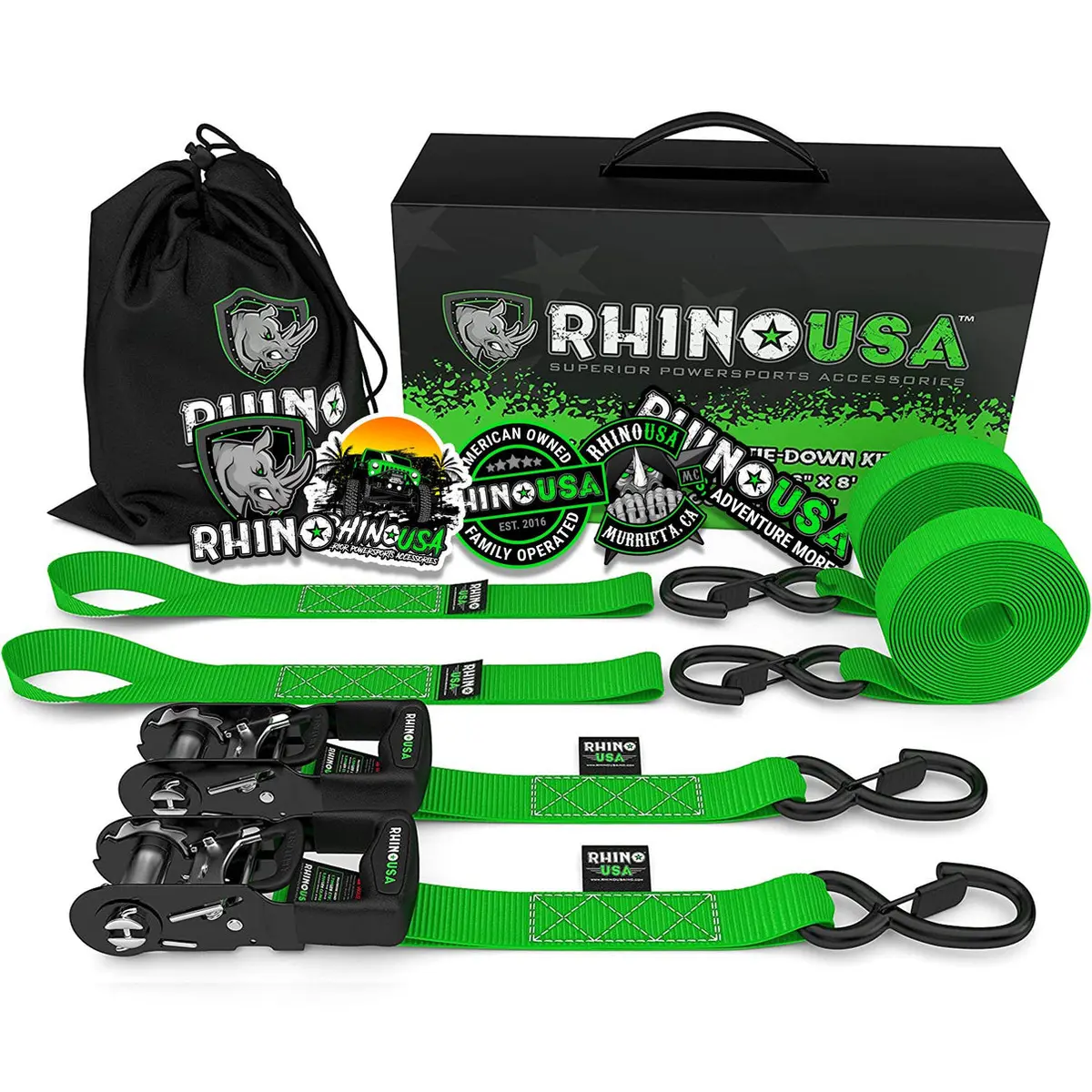 1.6" X 8' Rhino Usa Heavy Duty Ratchet Tie-Downs 2-Pack (Green) 1