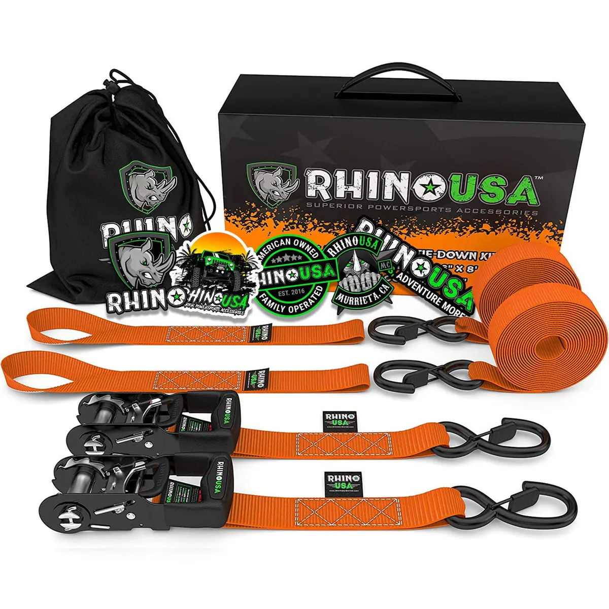 1.6" X 8' Rhino Usa Heavy Duty Ratchet Tie-Downs 2-Pack (Orange) 1