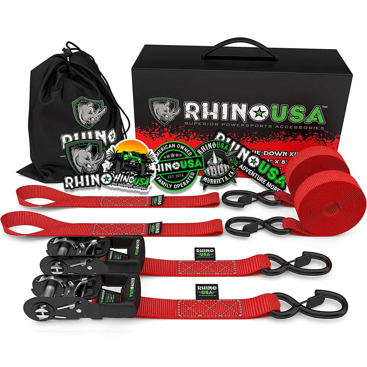 1.6" X 8' Rhino Usa Heavy Duty Ratchet Tie-Downs 2-Pack (Red) 1