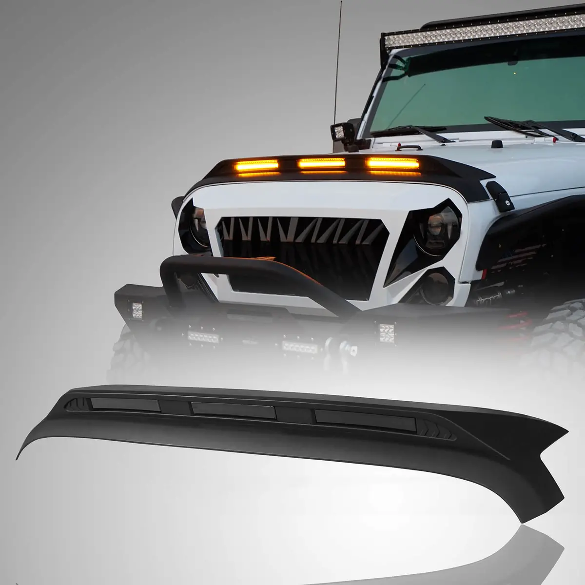 Hooke Road Hood Protector Stone Guard W/Amber Lights(07-18 Jeep Wrangler Jk) 1