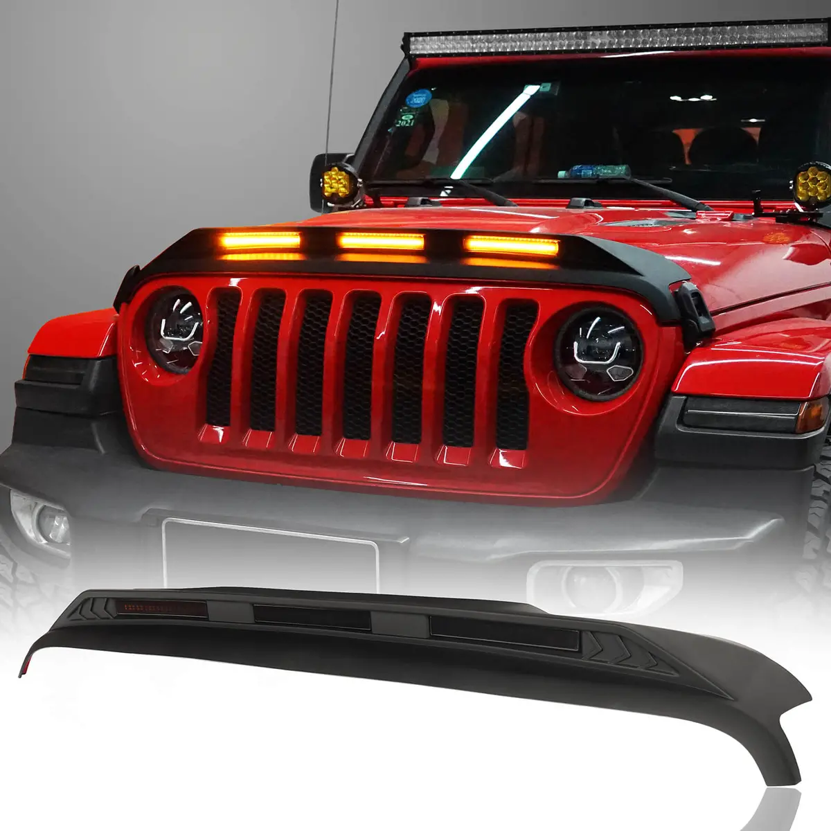 Hooke Road Hood Protector Stone Guard W/ Amber Lights (18-26 Jeep Wrangler Jl & 20-26 Gladiator Jt) 1