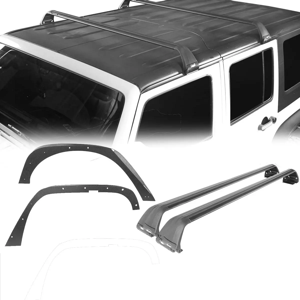 Hooke Road Flat Fender Flares & Black Cross Bars Roof Rack(07-18 Jeep Wrangler Jk) 1