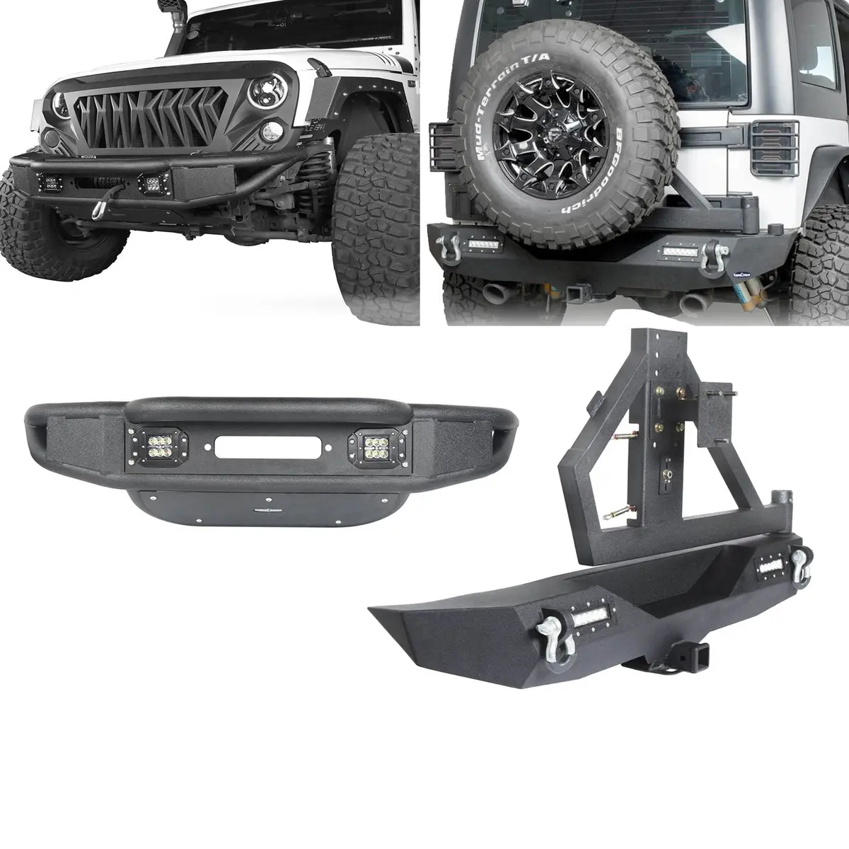 Hooke Road Lotus Tubular Stubby Front Bumper & Different Trail Rear Bumper W/Tire Carrier Combo(07-18 Jeep Wrangler Jk Jku) 1
